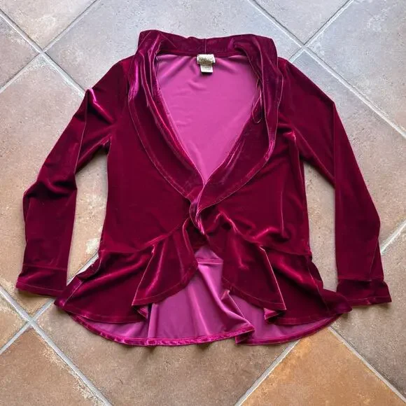 Midnight Velvet Merlot Ruffled Velour Jacket w Peplum Whimsigoth Poetcore size L - Picture 9 of 10